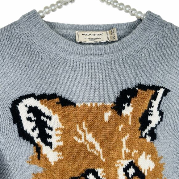 Maison Kitsune Fox Sweater Womens XS Gray Lambswool Designer Luxury Preppy FLAWS - Picture 4 of 13